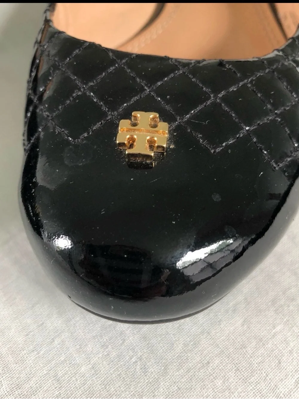 Tory Burch Black Quilted Patent Ballet Flats with Gold Logo